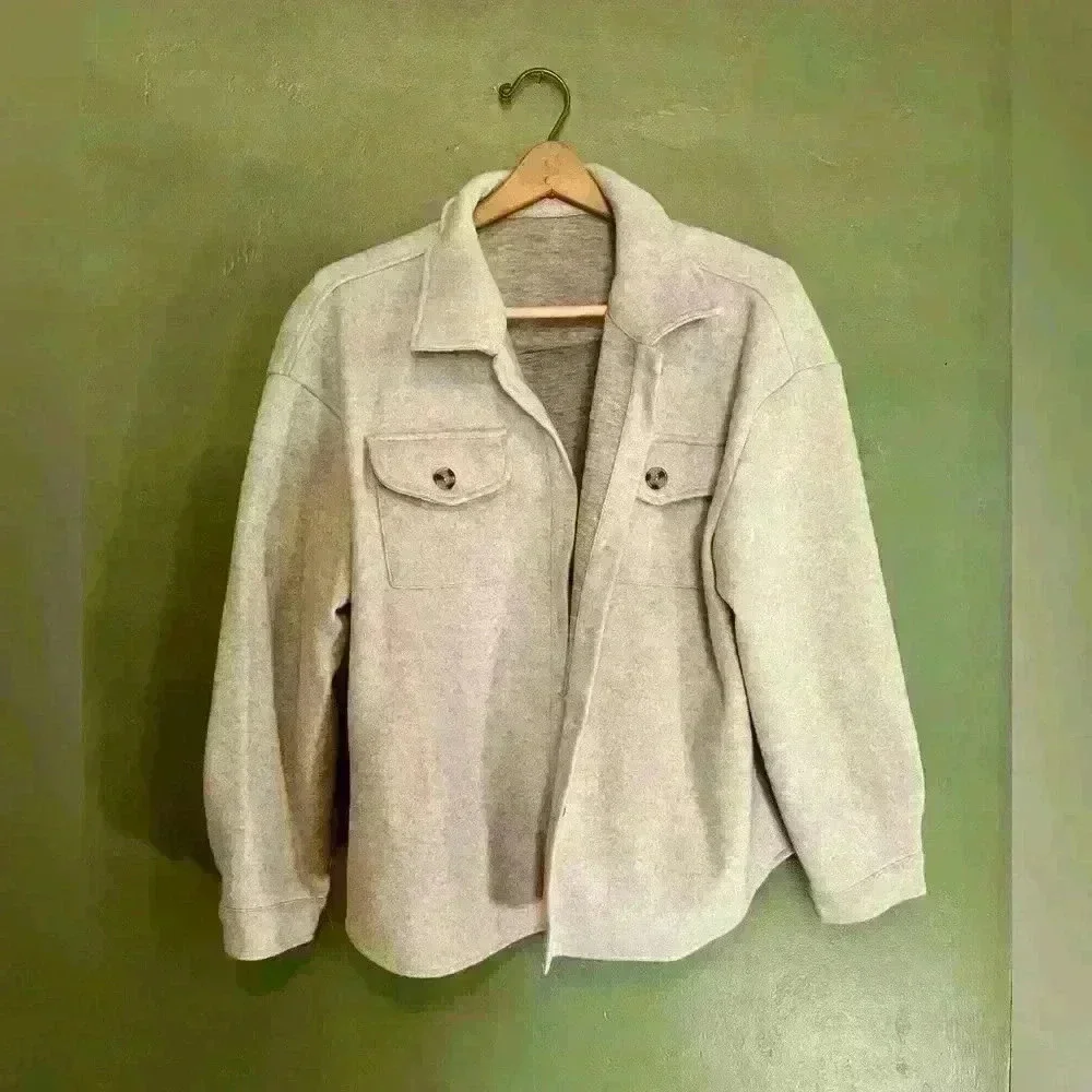 Cream Button-Up Shacket, Size XL - Picture 2 of 5